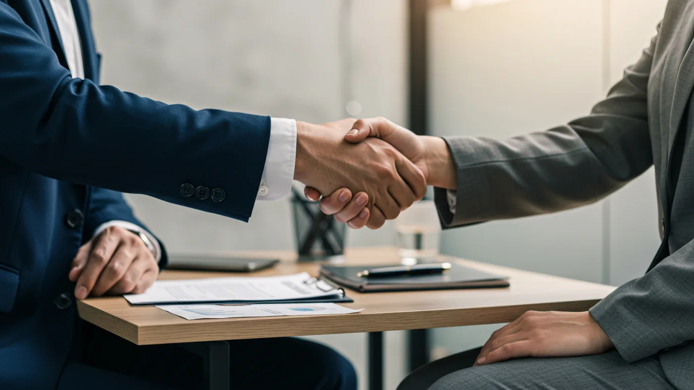 Business handshake across a desk