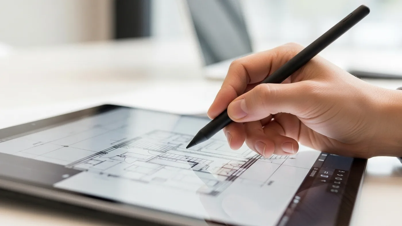 Illustrative image of a stylus and tablet used for digital planning